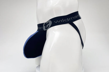 Black and purple wildman brand men’s briefs with contoured design in wildmant cotton big boy pouch stripe jockstrap black royal blue