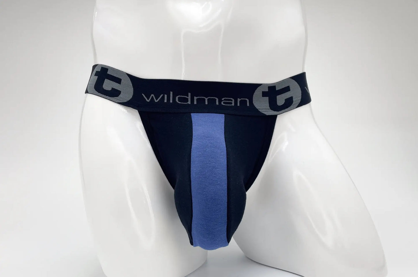 Wildman cotton big boy pouch stripe jockstrap in black and royal blue with a central vertical stripe