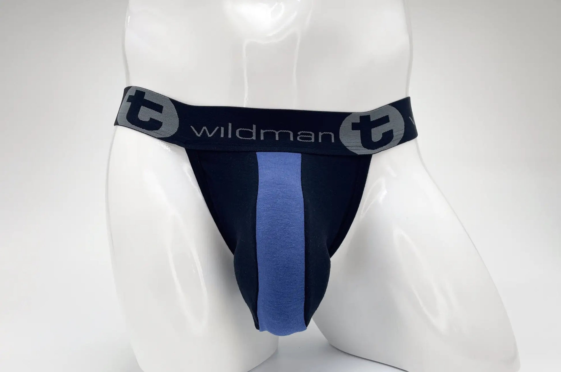 Wildman cotton big boy pouch stripe jockstrap in black and royal blue with a central vertical stripe