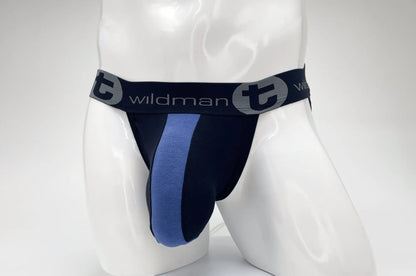 Black and royal blue WildmanT cotton big boy pouch jockstrap with a central vertical stripe for support