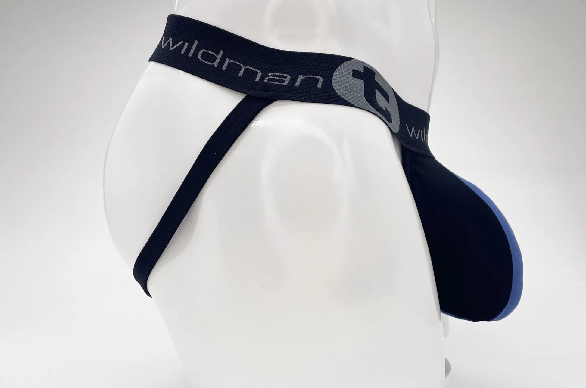 WildmanT cotton big boy pouch stripe jockstrap in black and royal blue with supportive contoured design