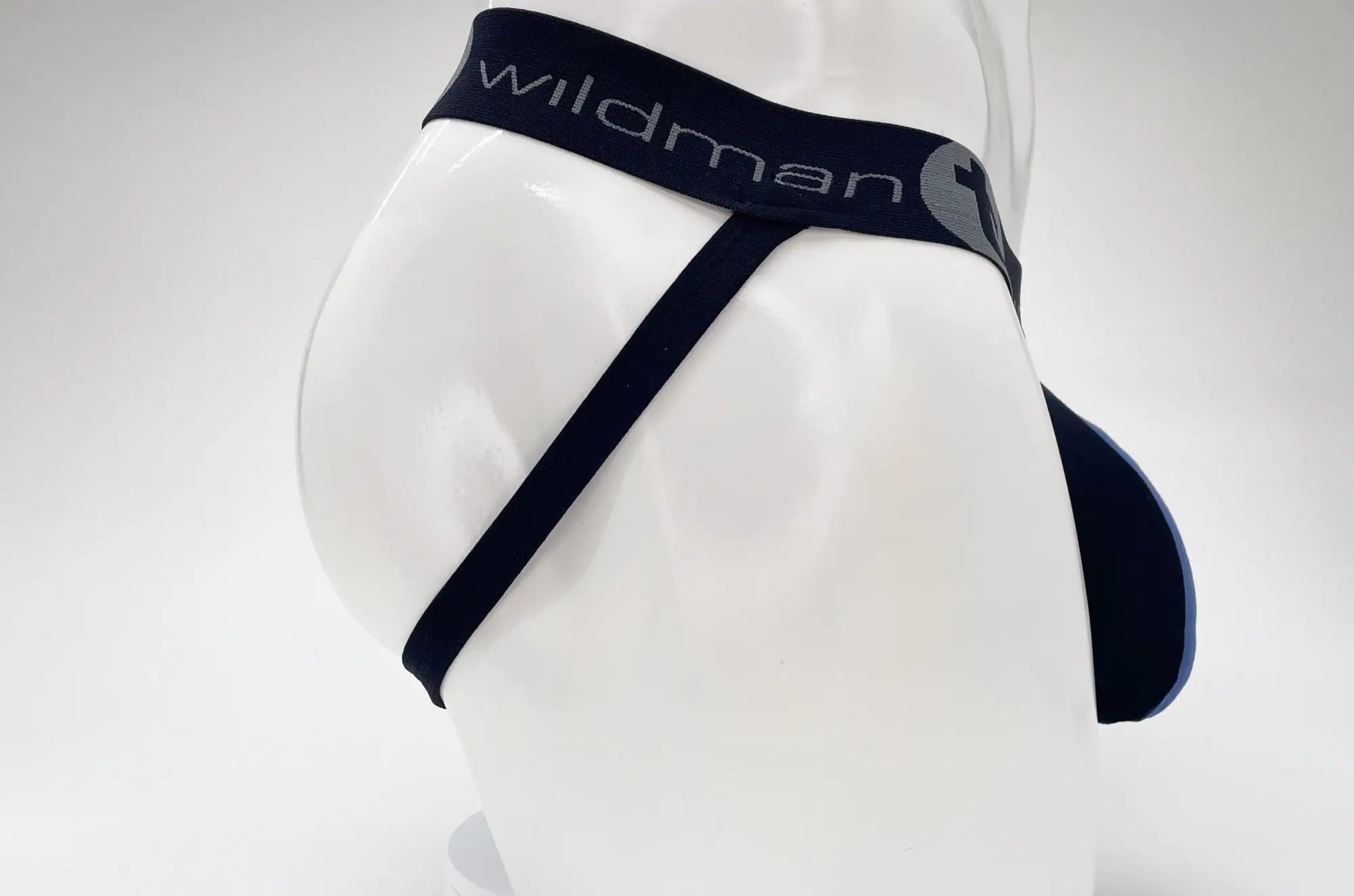 WildmanT cotton big boy pouch stripe jockstrap in black and royal blue with smooth stretchy fabric and sleek design