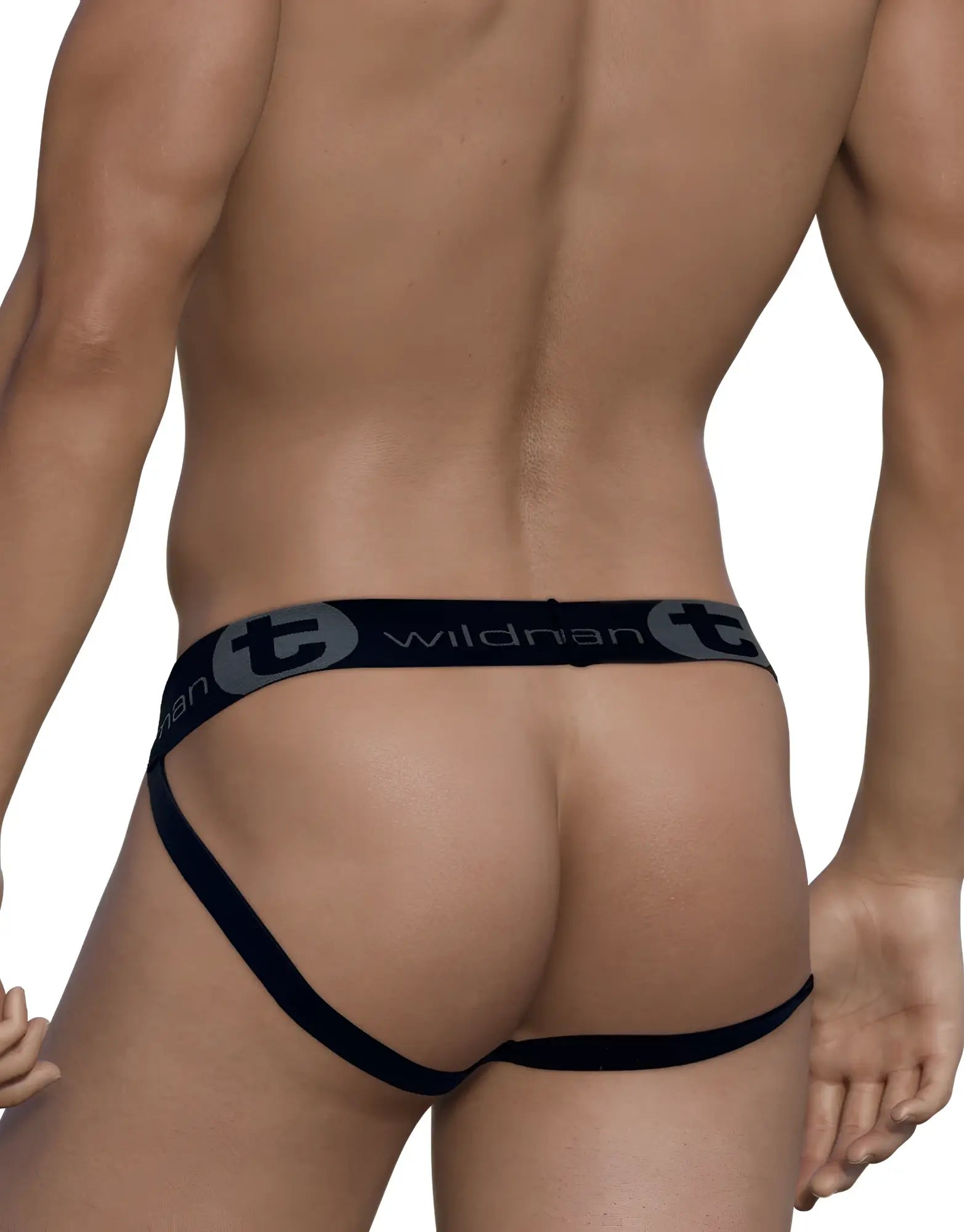 Black wildman brand thong with sleek minimalist design subtle gray logo detailing in cotton big boy pouch stripe jockstrap