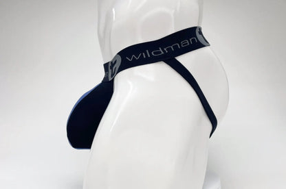 Black wildman brand thong with smooth stretchy fabric and subtle gray logo on waistband for wildmant cotton jockstrap