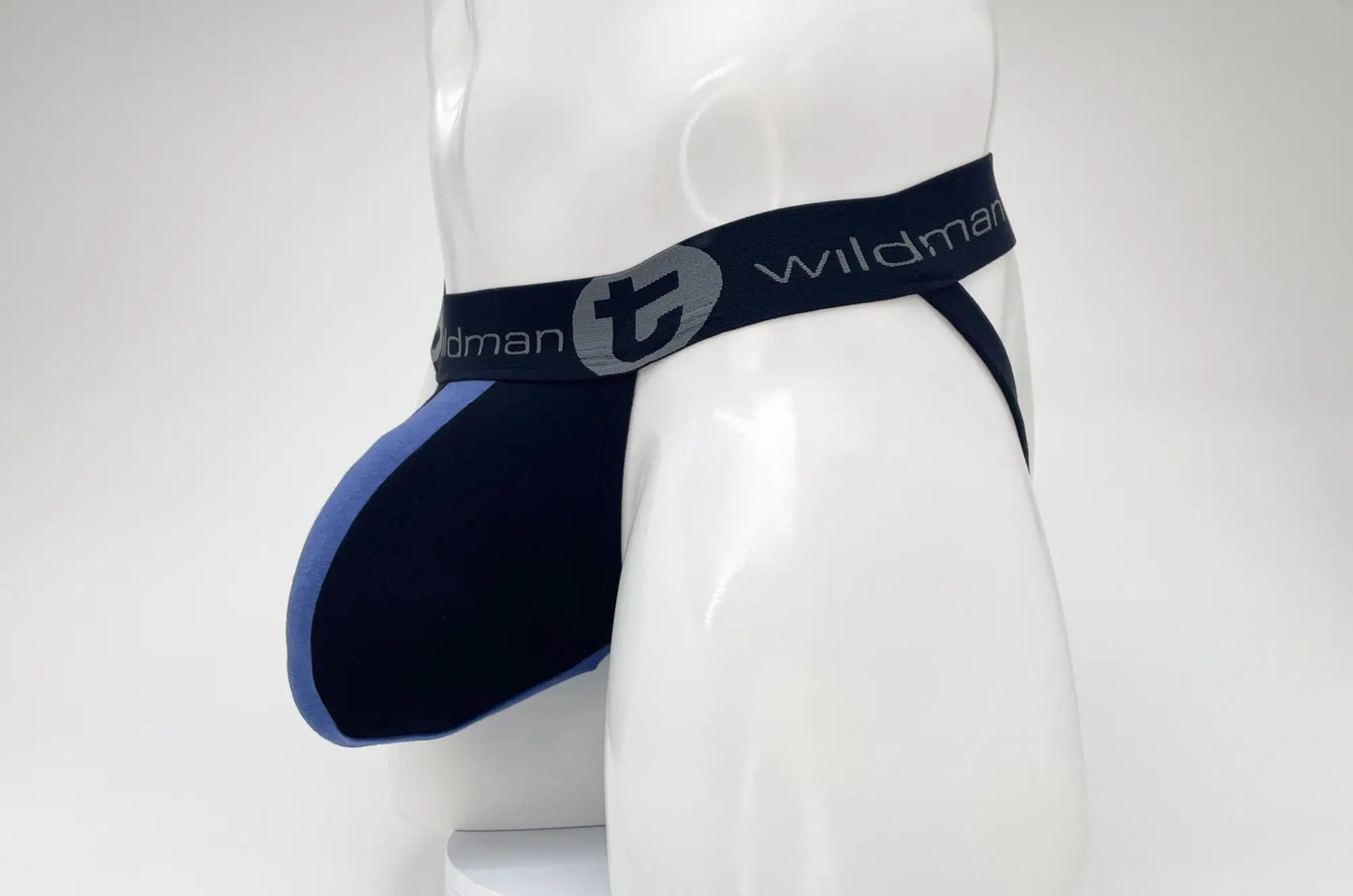 Black and royal blue WildmanT cotton big boy pouch stripe jockstrap with gray logo waistband