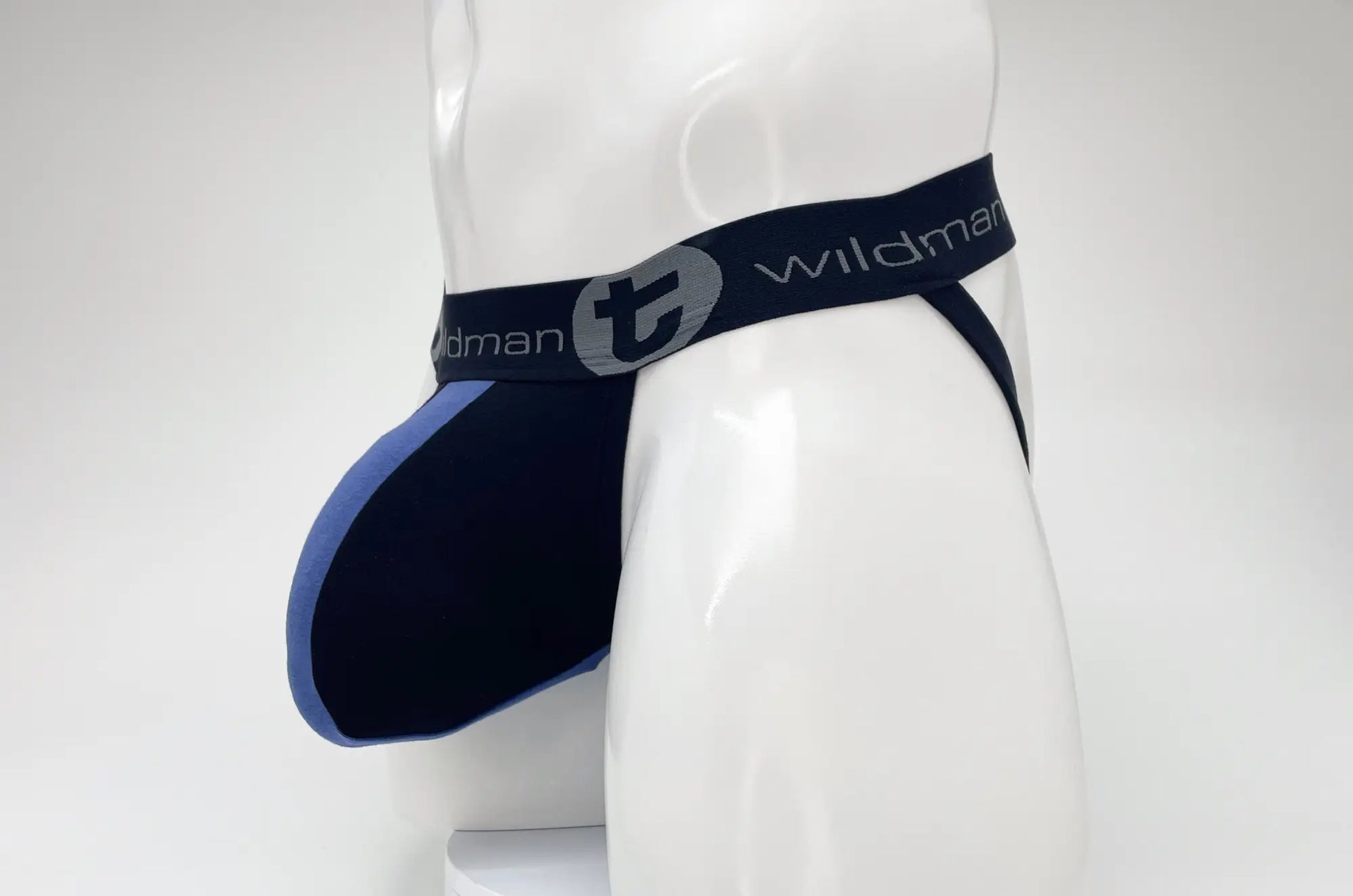 Black and royal blue WildmanT cotton big boy pouch stripe jockstrap with gray logo waistband