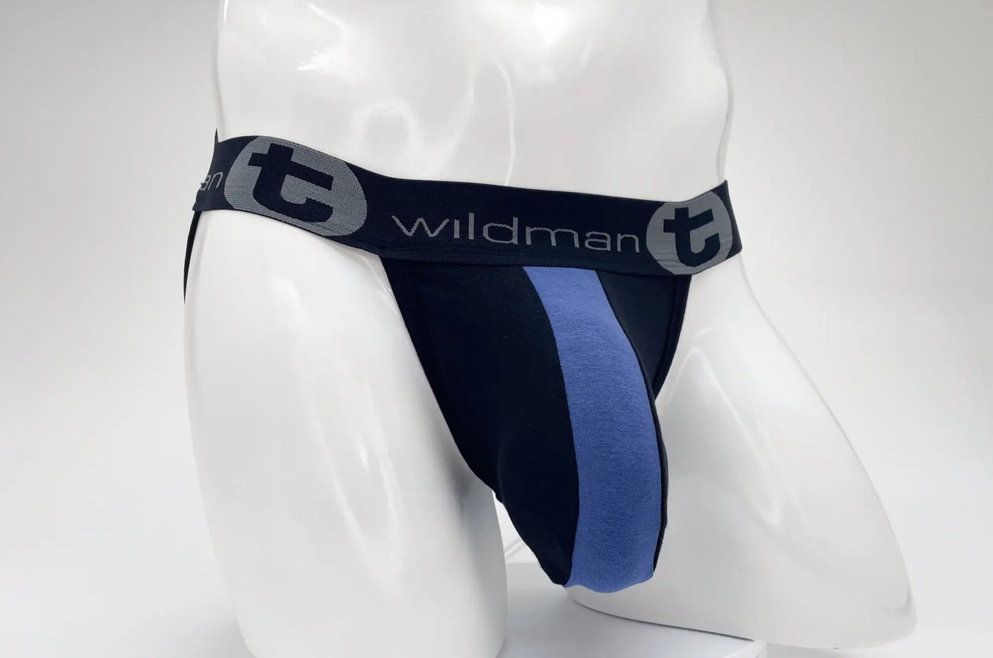 Black and blue WildmanT cotton big boy pouch stripe jockstrap with gray logo waistband for support and comfort