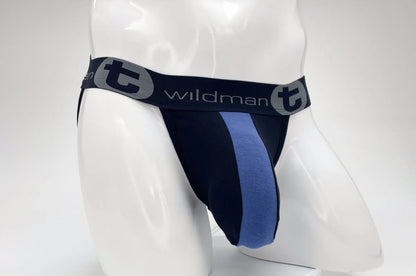 Black and blue WildmanT cotton big boy pouch stripe jockstrap with gray logo waistband for support and comfort