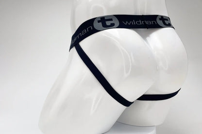 Wildmant cotton big boy pouch stripe jockstrap in black with royal blue elastic waistband and sleek minimalist design