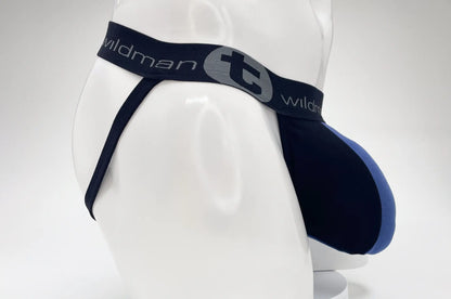 Dark blue and navy cotton stretch briefs with gray wildman logo band from wildmant cotton big boy pouch stripe jockstrap