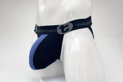 Wildmant cotton big boy pouch stripe jockstrap in black and royal blue with black waistband and wildman logo