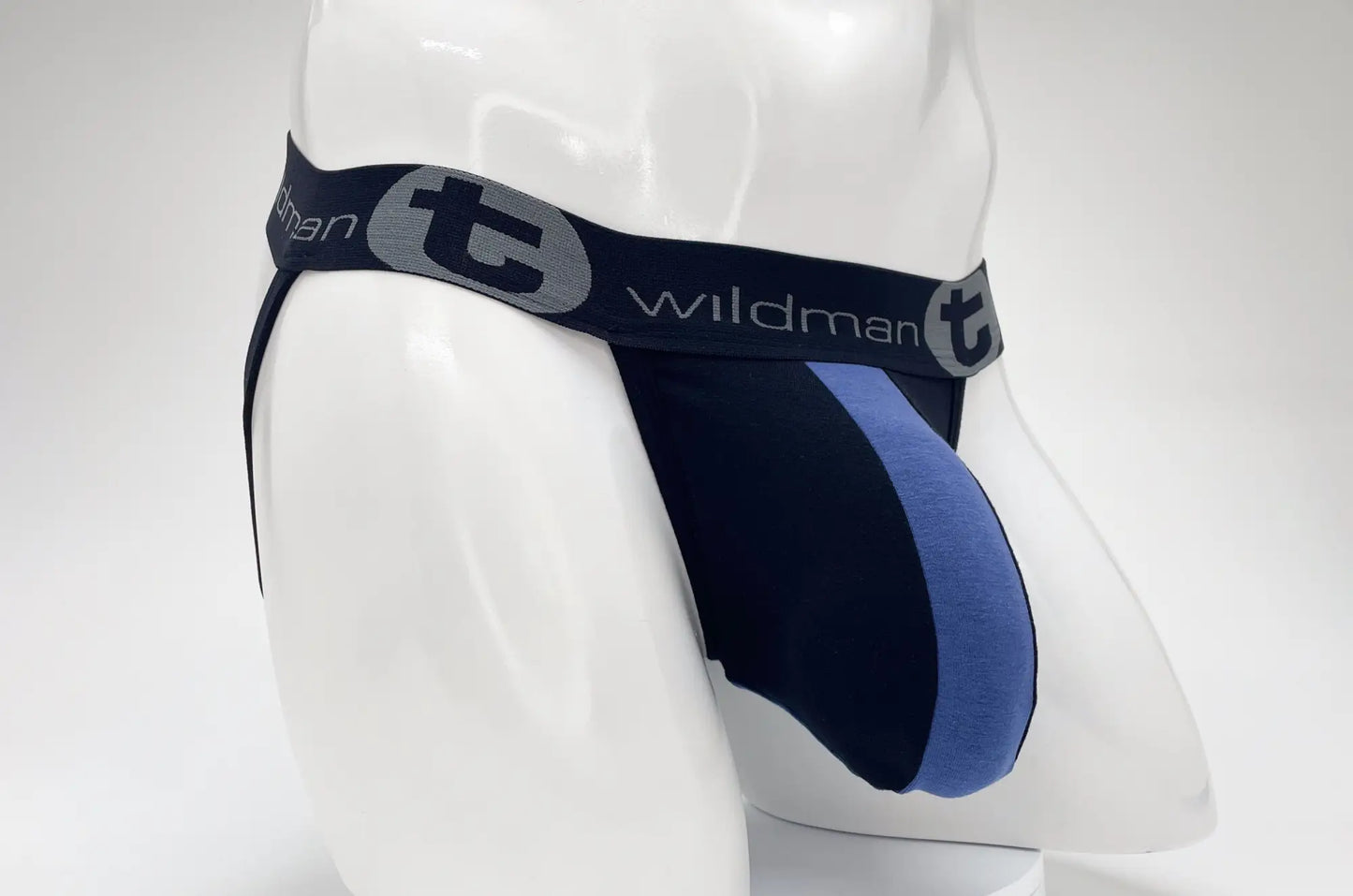Navy blue and light blue cotton athletic briefs with black elastic waistband and wildman logo in gray