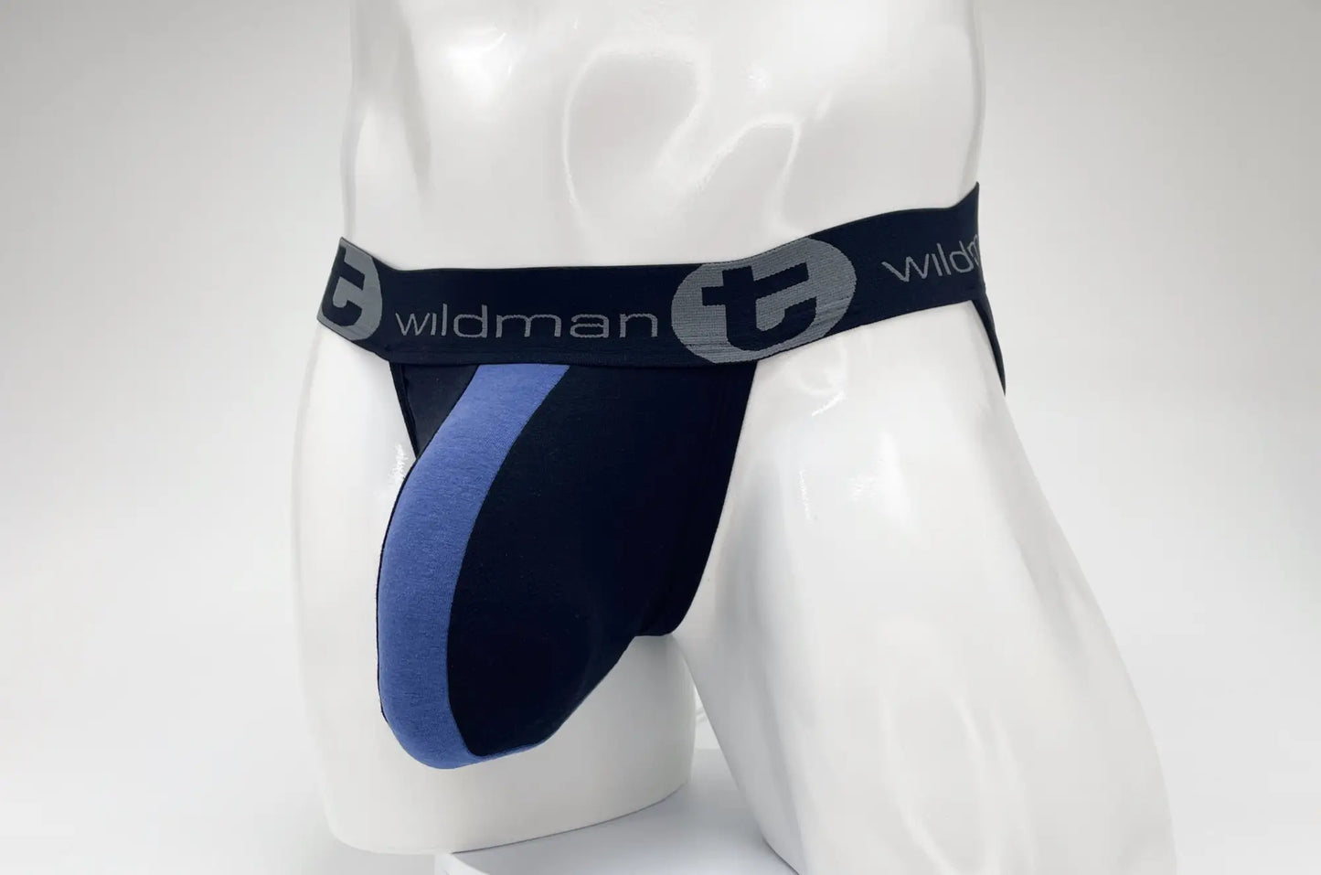 Wildmant cotton big boy pouch stripe jockstrap in navy and royal blue with black elastic waistband and wildman logo