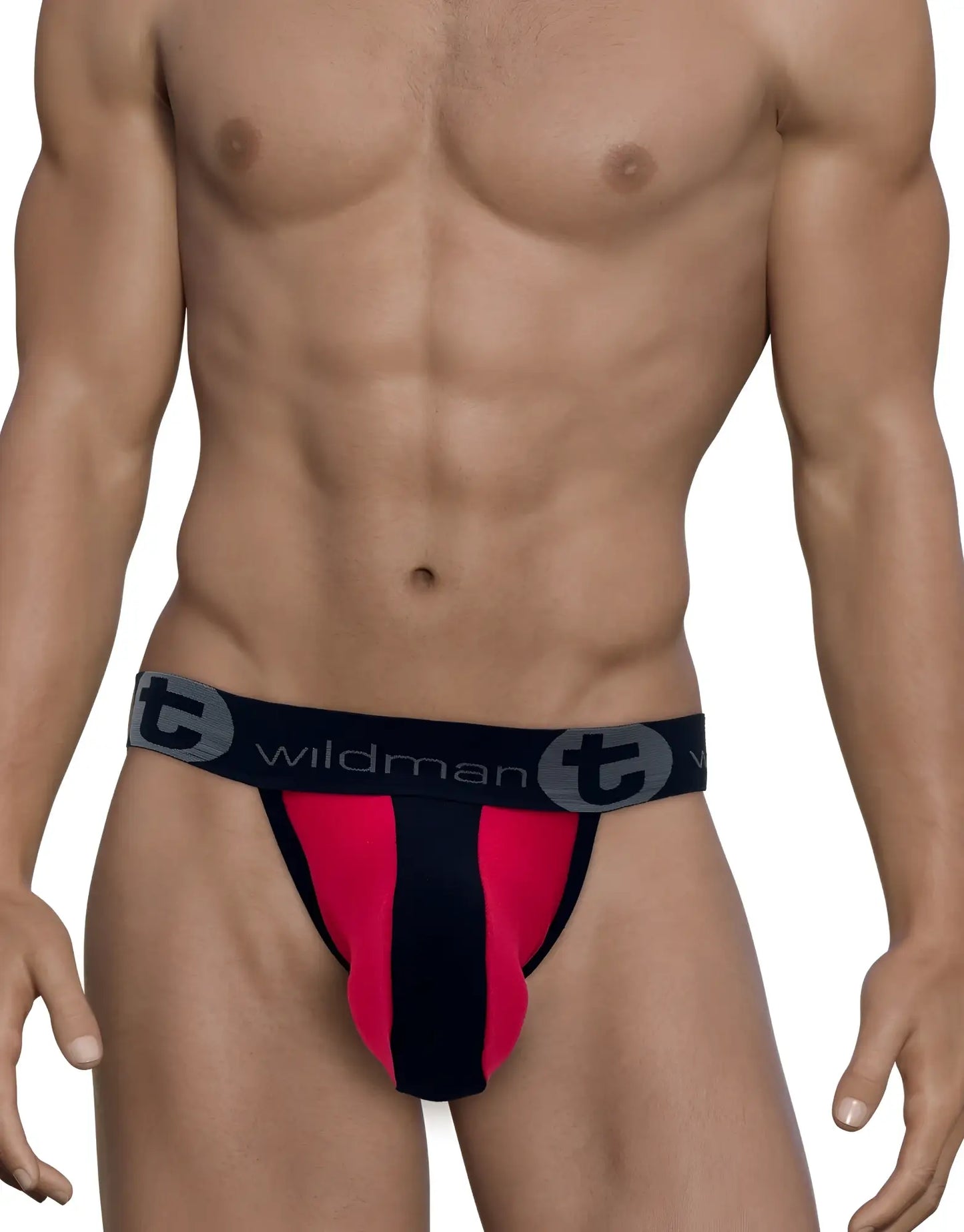 Black and red cotton WildmanT big boy pouch stripe jockstrap with bold waistband logo and athletic design