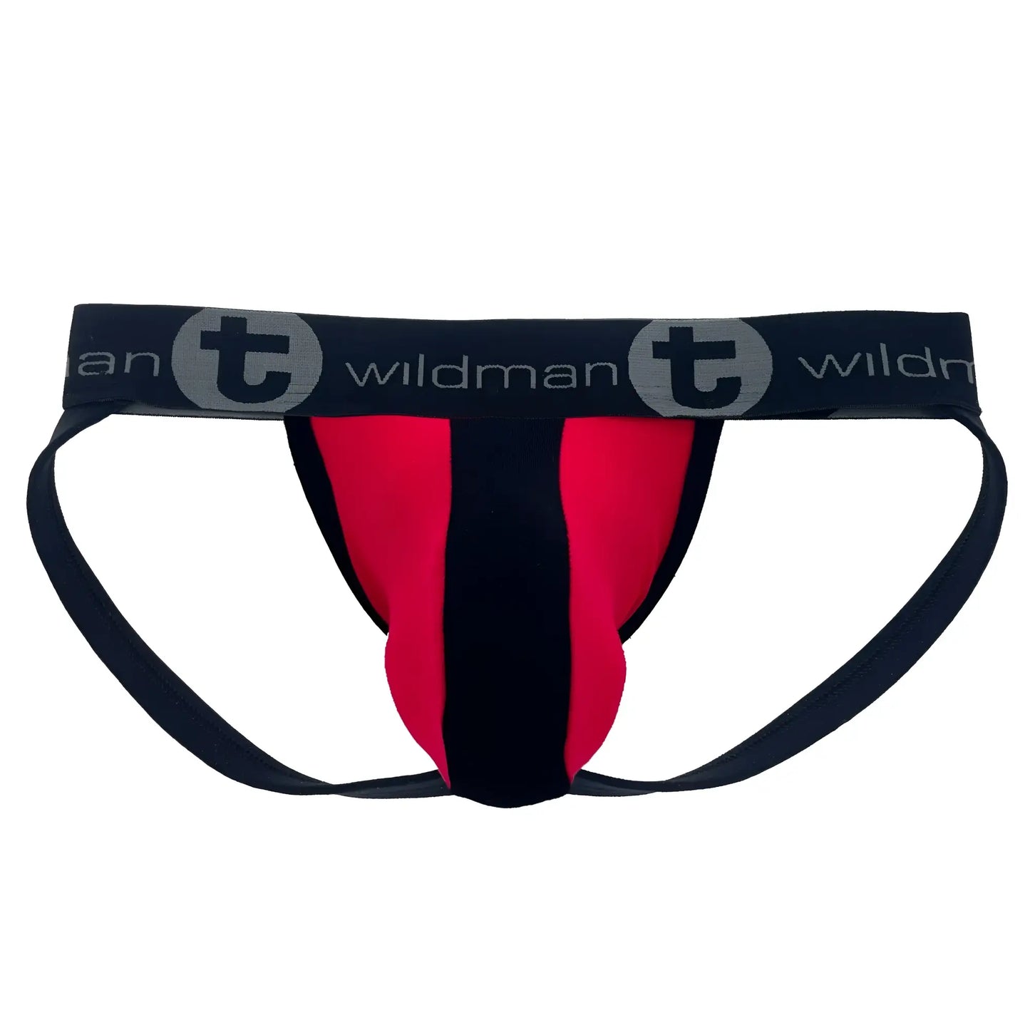 Black and red wildman cotton big boy pouch stripe jockstrap with branded waistband athletic briefs