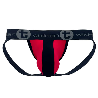 Black and red wildman cotton big boy pouch stripe jockstrap with branded waistband athletic briefs