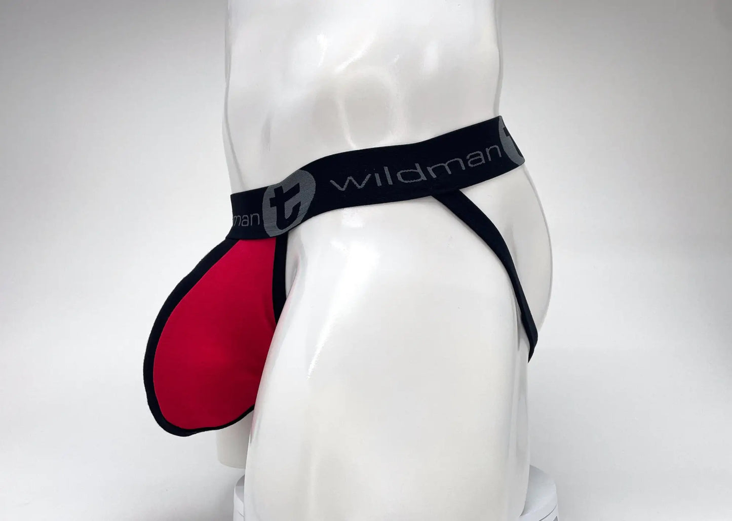 Wildmant cotton big boy pouch stripe jockstrap in red and black with bold contrasting colors and comfortable fit