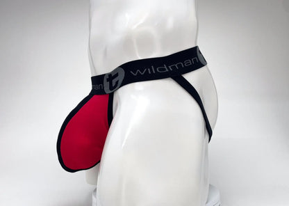 Wildmant cotton big boy pouch stripe jockstrap in red and black with bold contrasting colors and comfortable fit