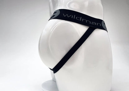 Black Wildman brand cotton briefs with sleek elastic waistband and red black diagonal straps in front view