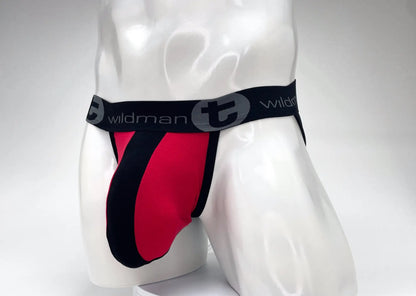 Red and black cotton wildmant big boy pouch stripe jockstrap with branded elastic waistband shown from the front