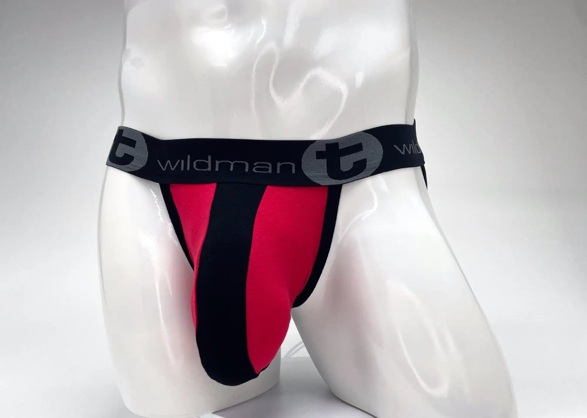 Wildmant cotton big boy pouch stripe jockstrap in red and black with branded elastic waistband for athletic use