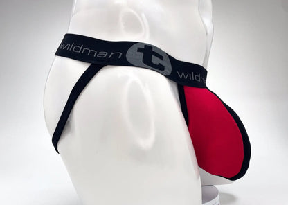 WildmanT cotton big boy pouch stripe jockstrap in red and black with a gray wildman waistband logo