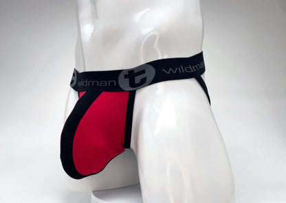 Wildmant cotton big boy pouch stripe jockstrap in red and black with a sleek form fitting design