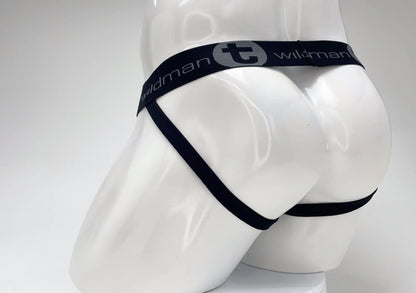 Black elastic waistband with wildman branding on a white mannequin wearing wildmant cotton big boy pouch stripe jockstrap royal blue baby blue