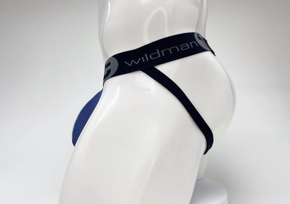 Wildman brand black and blue cotton briefs with sleek form-fitting design in royal blue and baby blue stripe pouch