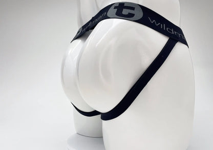 Wildmant cotton big boy pouch stripe jockstrap royal blue and baby blue with black elastic waistband featuring gray t logo and wildman branding on mannequin