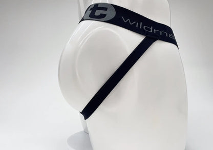 Black wildman brand briefs with gray logo on waistband made of cotton featured in wildmant cotton big boy pouch stripe jockstrap royal blue baby blue