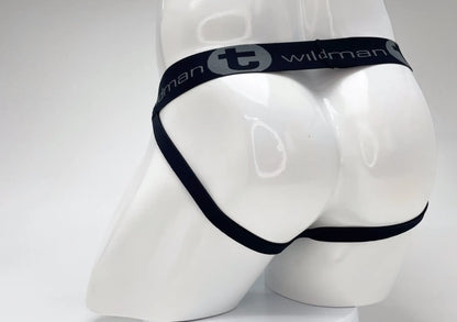 Black elastic waistband with wildman branding on a white mannequin for wildmant cotton big boy pouch stripe jockstrap royal blue baby blue