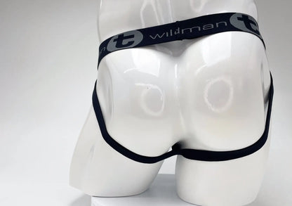 Black elastic waistband with wildman branding on white mannequin of wildmant cotton big boy pouch stripe jockstrap royal blue baby blue