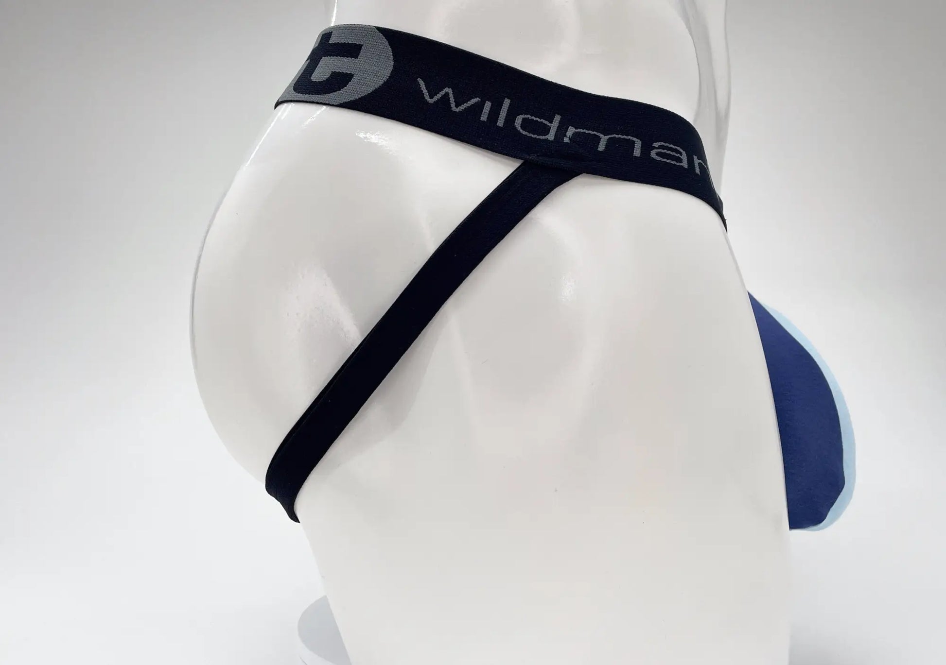 Black and navy blue wildman brand cotton jockstrap with sleek contoured design wildmant cotton big boy pouch stripe
