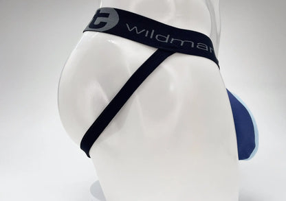 Black and navy blue wildman brand cotton jockstrap with sleek contoured design wildmant cotton big boy pouch stripe