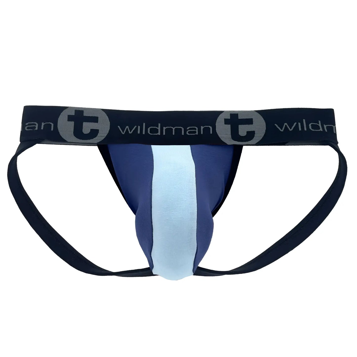 Dark blue and light blue cotton WildmanT big boy pouch stripe jockstrap with central vertical stripe and Wildman logo waistband
