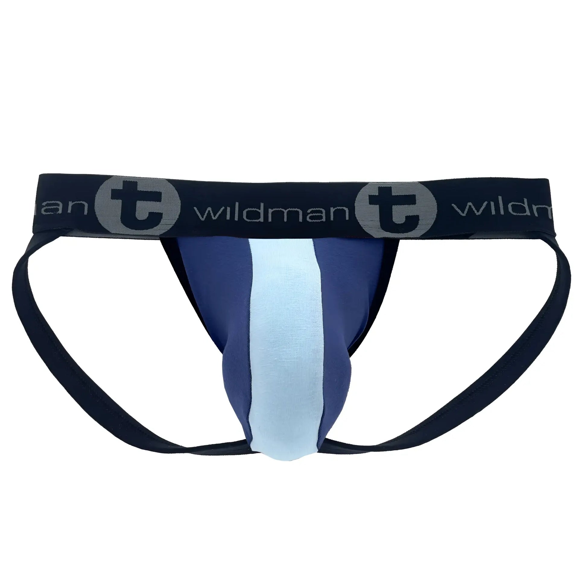 Dark blue and light blue cotton WildmanT big boy pouch stripe jockstrap with central vertical stripe and Wildman logo waistband