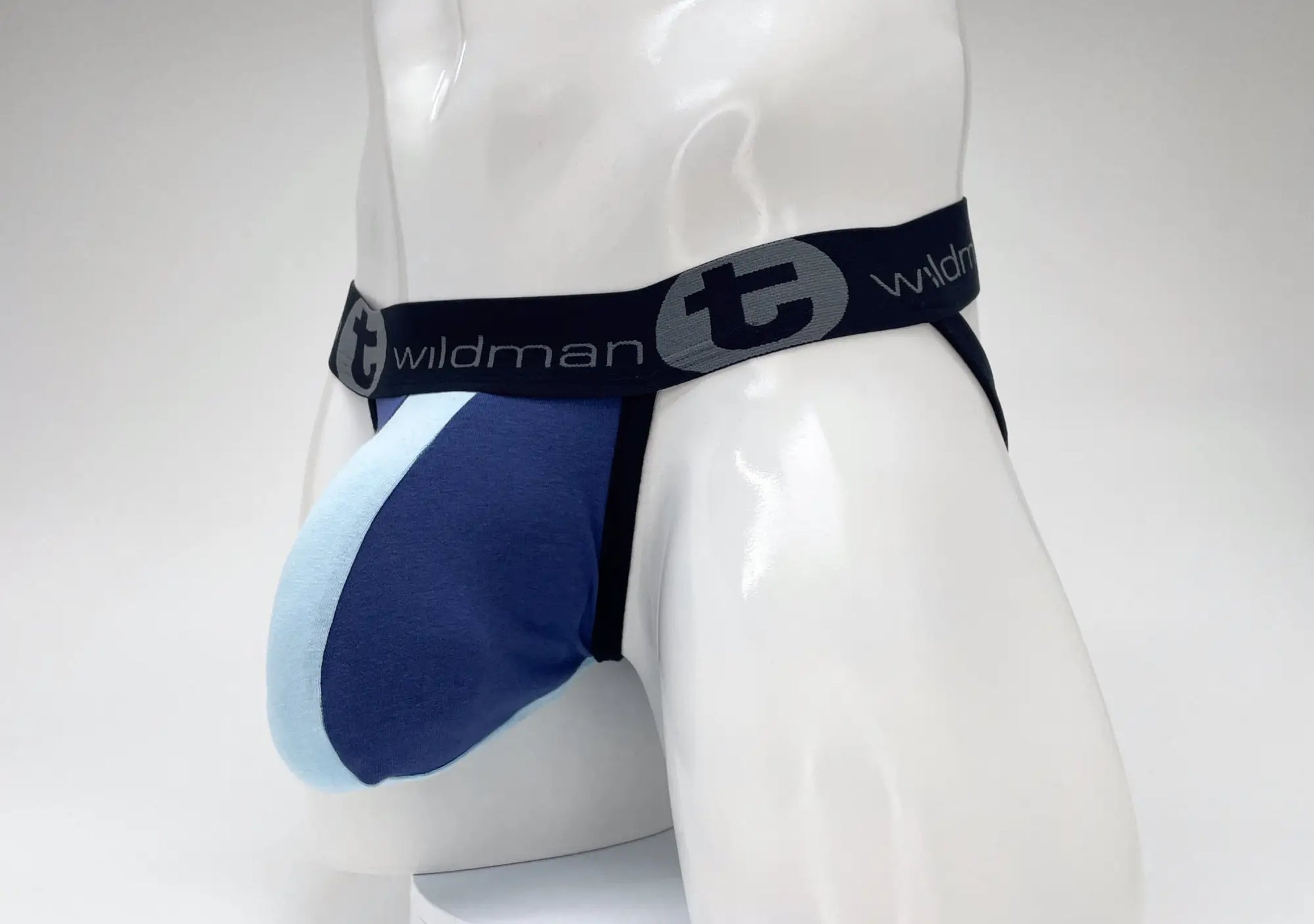 Wildmant cotton big boy pouch stripe jockstrap in royal blue and baby blue with black elastic waistband and logo