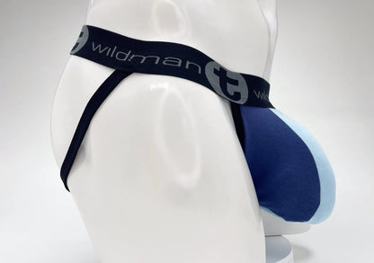 Wildmant cotton big boy pouch stripe jockstrap in royal blue and baby blue gradient with black waistband logo
