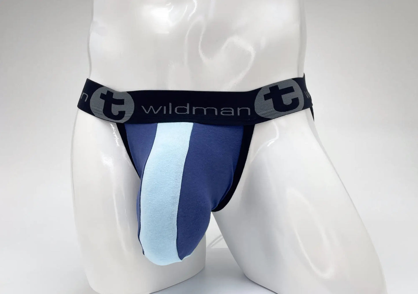 Wildmant cotton big boy pouch stripe jockstrap in royal blue and baby blue with black waistband and wildman logo