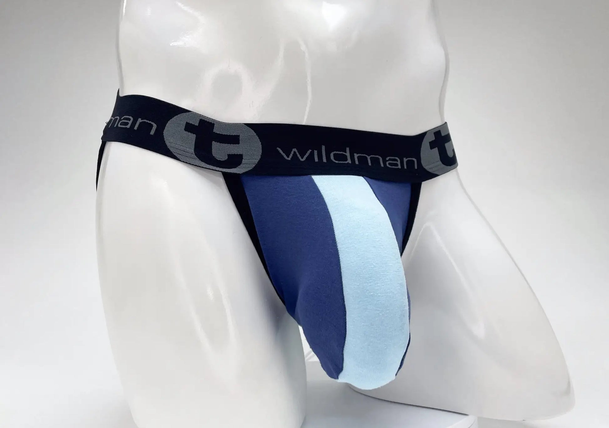 Blue and light blue striped cotton jockstrap with black wildman waistband pouch for big boys