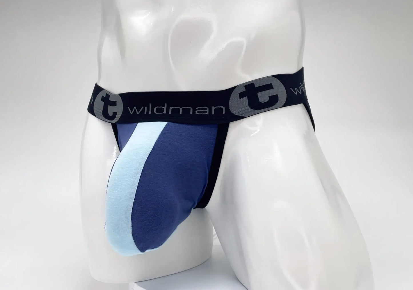 Wildmant cotton big boy pouch stripe jockstrap in royal blue and baby blue with black waistband and wildman logo
