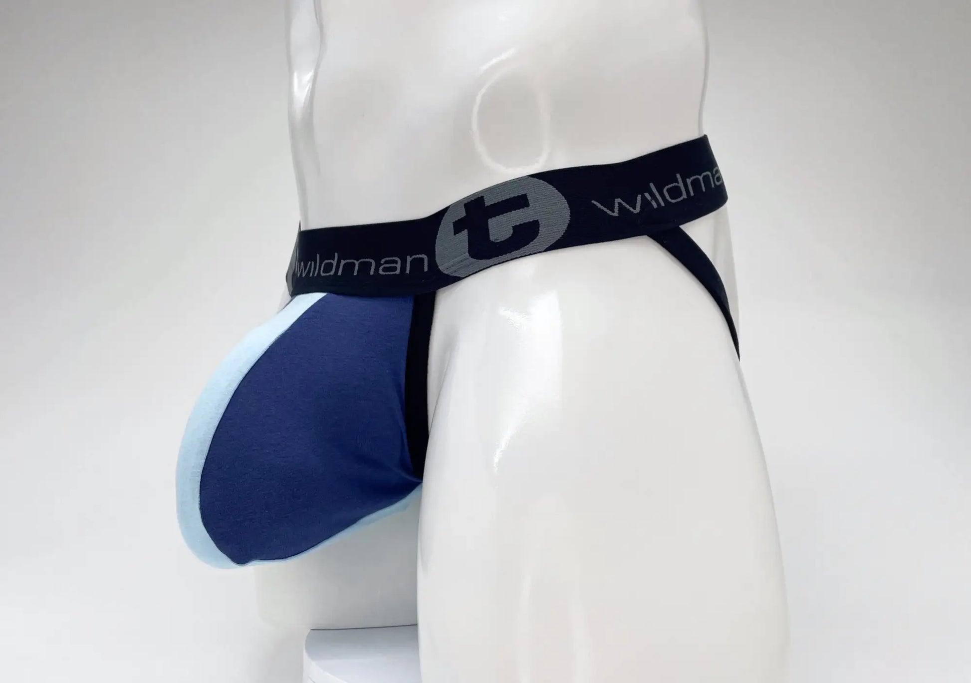 Blue and light blue WildmanT cotton big boy pouch stripe jockstrap with black waistband and Wildman logo