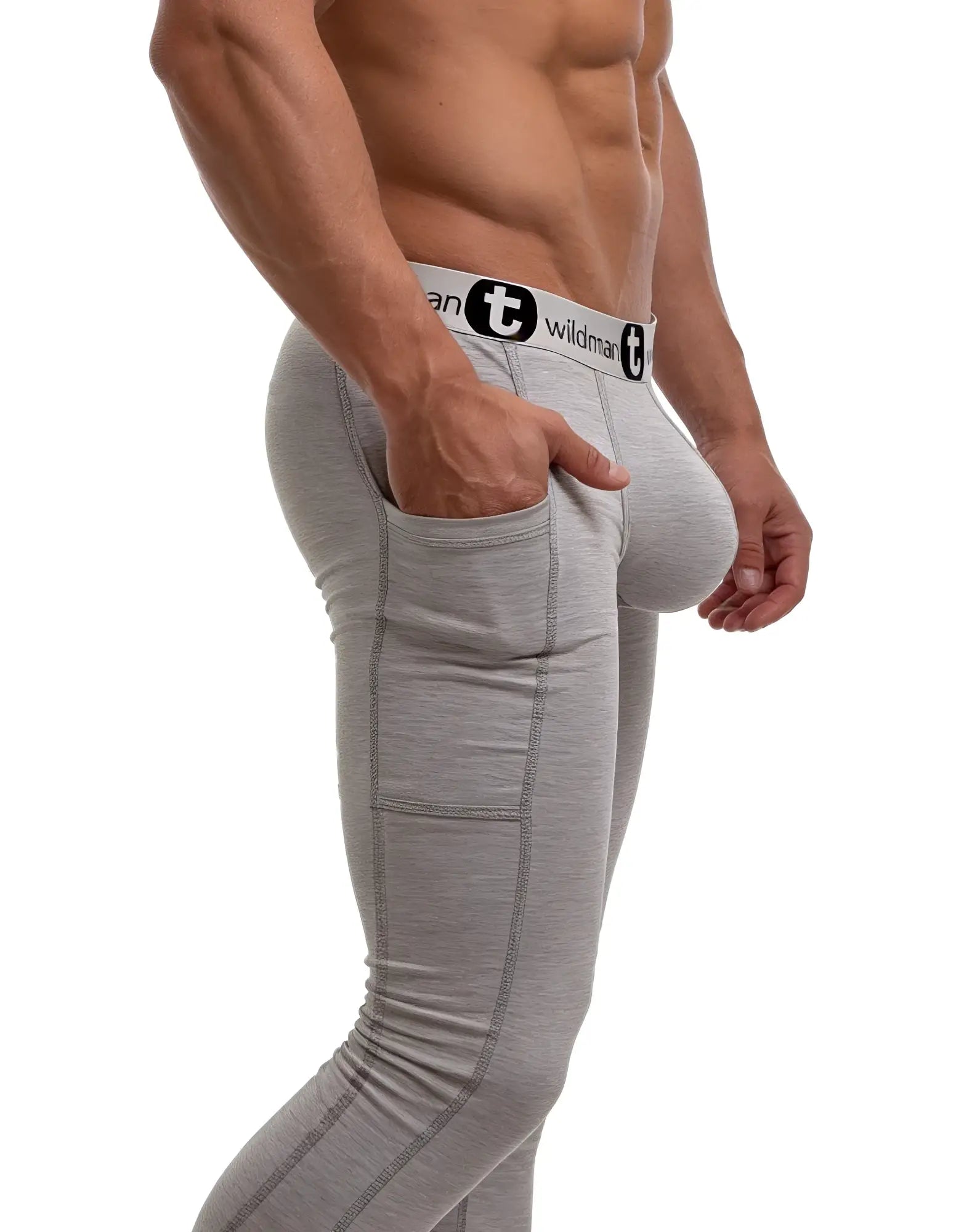 Gray cotton form-fitting wildman big boy pouch athletic underwear with white waistband long johns front view
