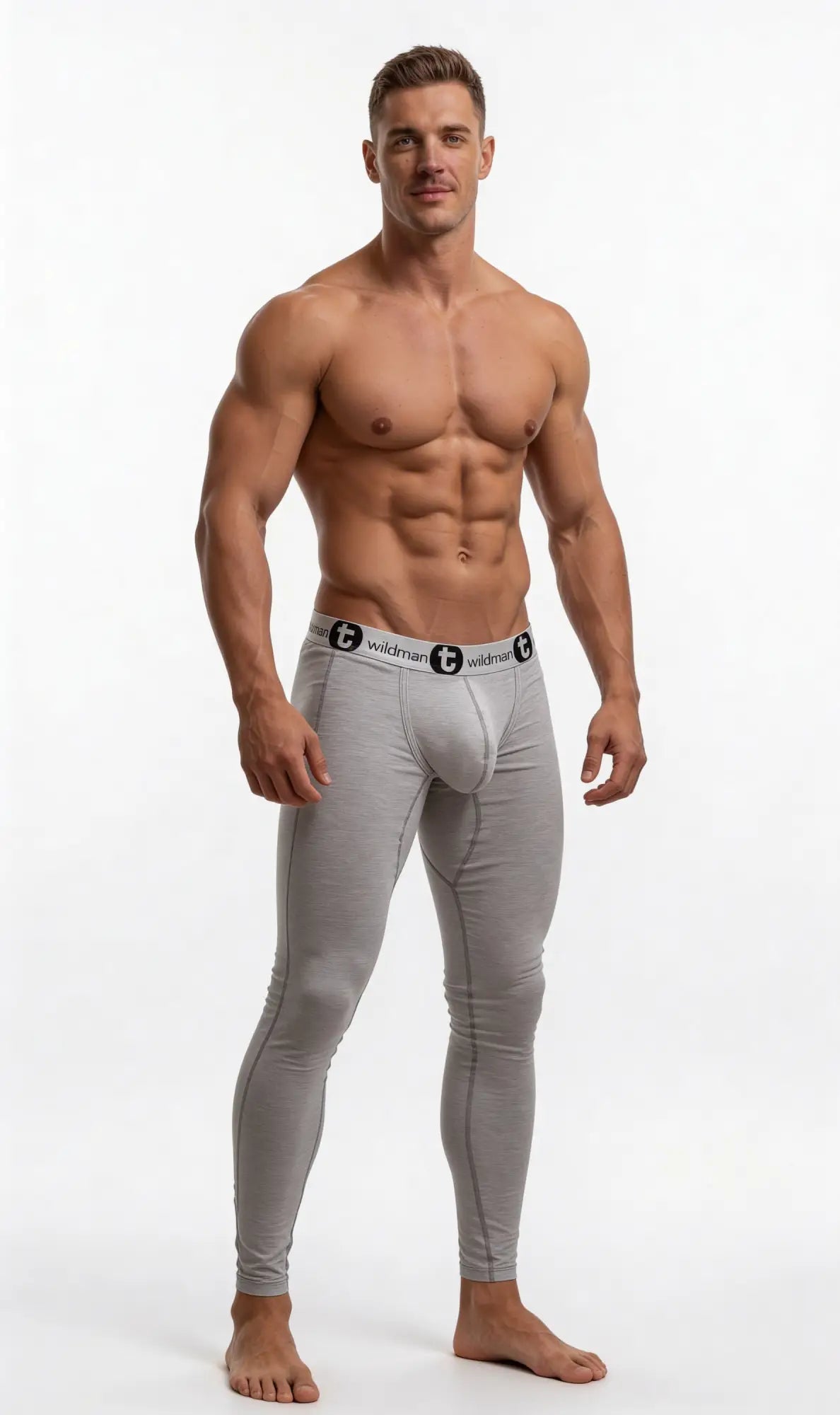 Gray form-fitting cotton long johns underwear for men with a black Wildman logo waistband and big boy pouch design
