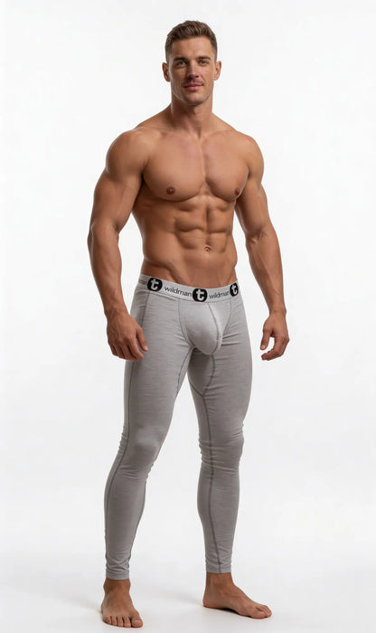 Gray form-fitting cotton long johns underwear for men with a black Wildman logo waistband and big boy pouch design