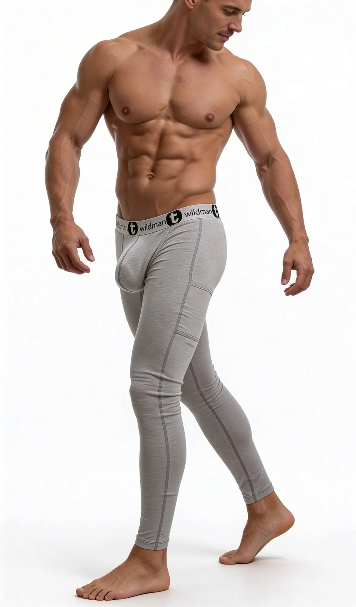 Gray form-fitting wildmant cotton big boy pouch compression tights with black and white branded waistband