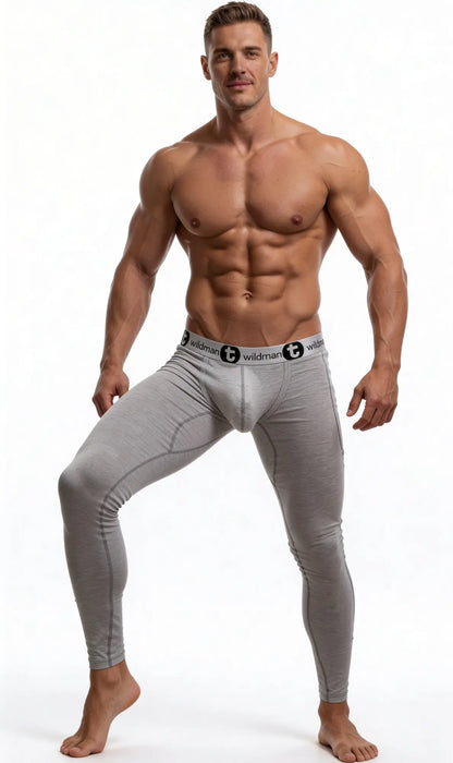 Gray form-fitting cotton WildmanT big boy pouch long johns with black waistband compression tights for men