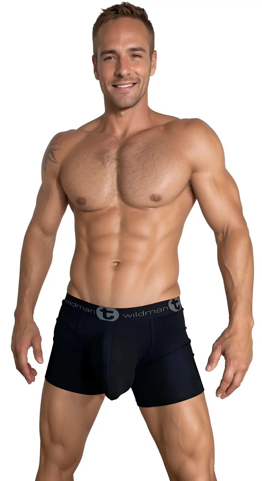 Black Wildman cotton monster cock 5 inch inseam boxer briefs with gray logo band in front view