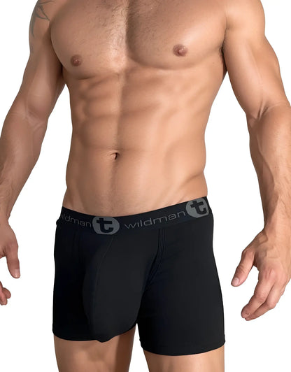 Black wildman boxer briefs with gray elastic waistband and logo made of cotton with 5 inch inseam for comfortable wear
